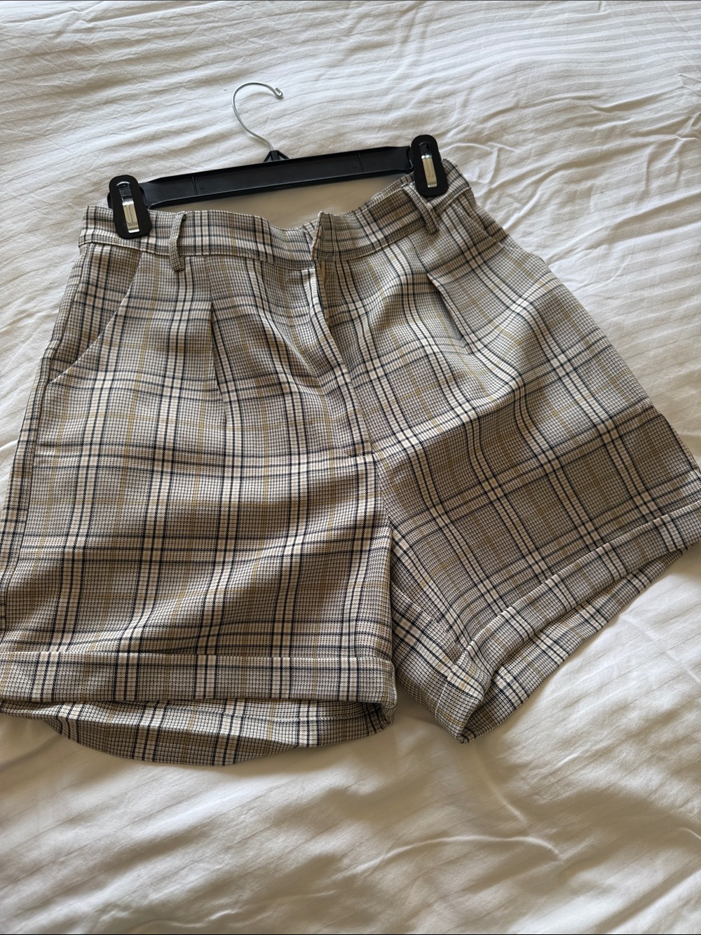 Aqua High-Waist Plaid Shorts in Beige and Black